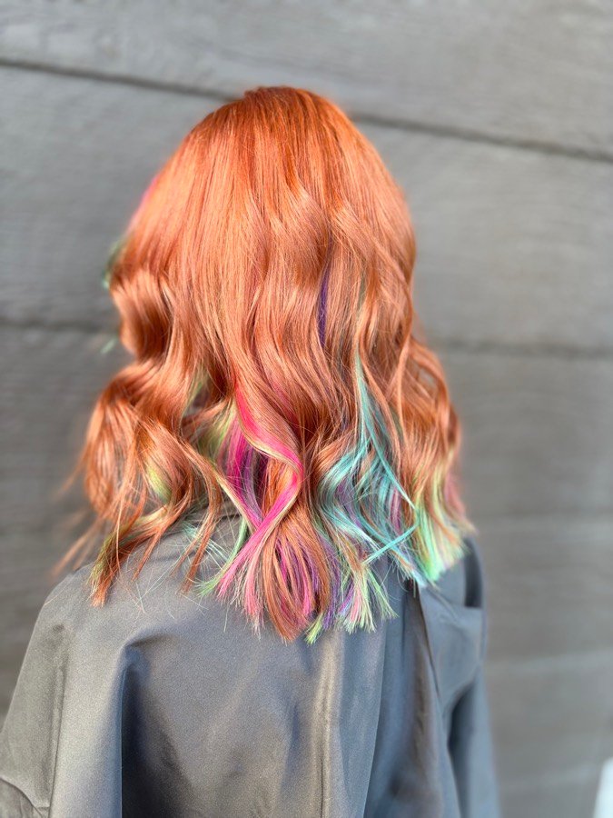 Copper hair with pastel rainbow ribbons